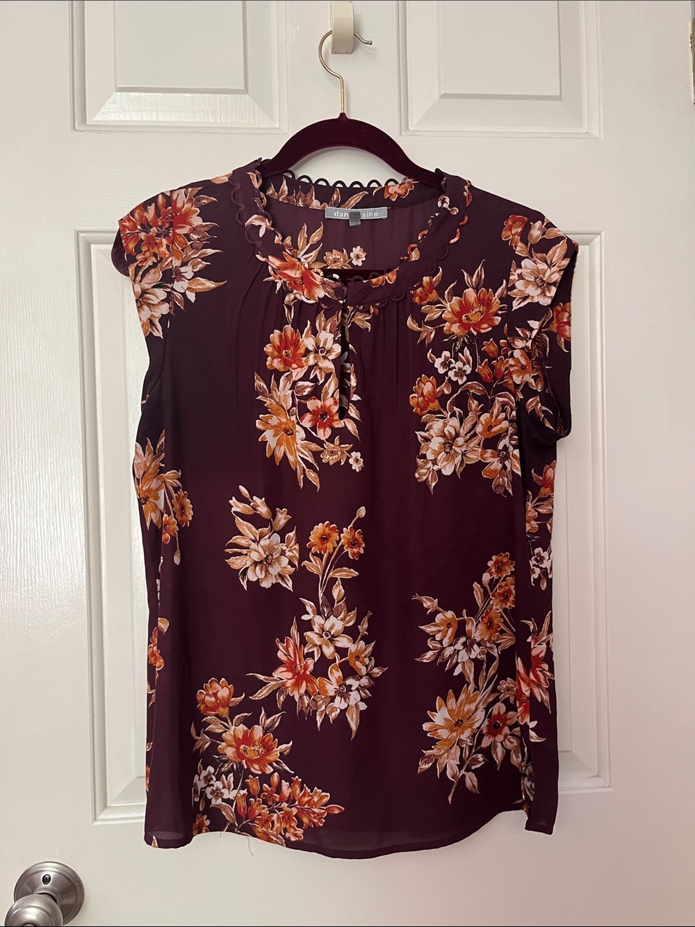 Floral Ruffle Neck Cap-Sleeve Blouse - Brown/Orange